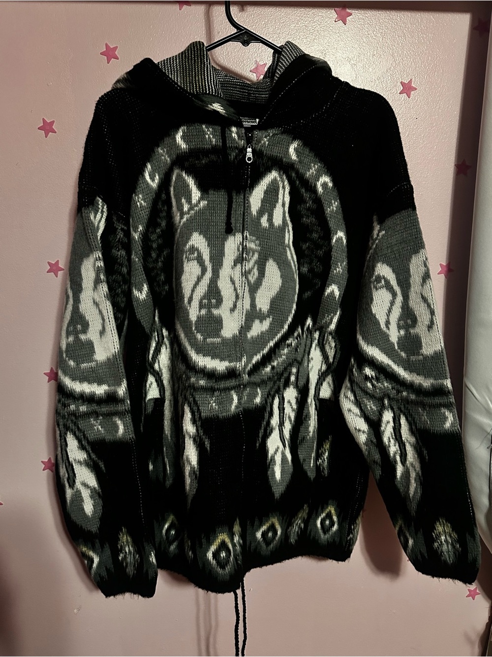 Black & Gray Wolf Graphic Zip WOOL Hoodie